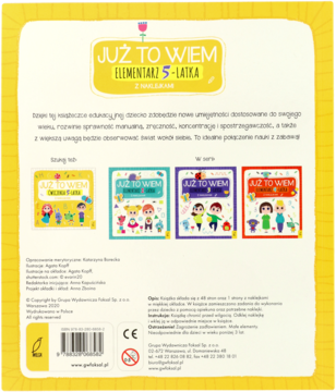 Tył książki edukacyjnej "JUŻ TO WIEM ELEMENTARZ 5-LATKA" z opisem, serią książek i kodem kreskowym.