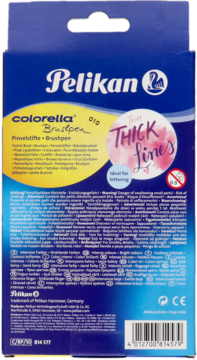 Tył niebiesko-żółtego opakowania pisaków Pelikan Colorella Brushpen. Grafika linii i opis: pisaki, intensywne barwy.