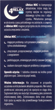 Błękitne opakowanie suplementu 4Relax NOC na sen, z białym logo księżyca. Widok frontu ulotki.