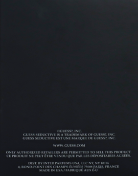 Tył opakowania męskiej wody toaletowej Guess Seductive Homme Noir, ciemne tło z białym tekstem producenta.
