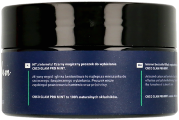 Tył ciemnego słoiczka COCO GLAM PRO MINT, z widocznym polskim opisem naturalnego proszku do wybielania z węglem.