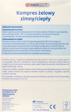 Tylna strona opakowania żelowego kompresu zimno-ciepłego, z niebiesko-beżowym tłem i polskimi instrukcjami.