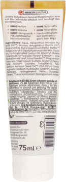 Tył tubki kremu Babydream Natural, 75 ml, z bio-nagietkiem. Widoczne składniki i opis bez mikroplastiku.