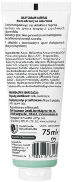 Tył białej tubki Babydream Natural Krem ochronny na odparzenia, z listą składników i pojemnością 75 ml.