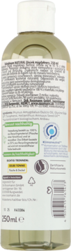 Tył butelki Babydream NATURAL Olejek migdałowy 250 ml, widoczne szczegóły składu, certyfikaty i recyklingu.