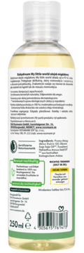 Tył butelki Babydream Natural Olejek Migdałowy 250 ml, z certyfikatami i opisem składników na etykiecie.
