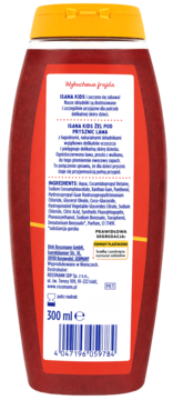 Czerwony żel pod prysznic Isana Kids Lama 300ml, tył butelki z etykietą składników i kodem kreskowym.