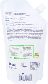 Tył białej saszetki Babydream żel do mycia i szampon 500ml dla wrażliwej skóry, z pełnym opisem i składnikami.