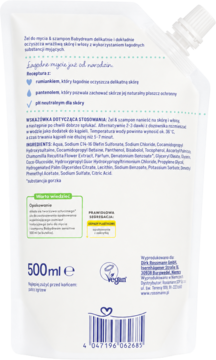 Tył opakowania Babydream Żelu do mycia i szamponu 500ml, biała saszetka z listą składników.