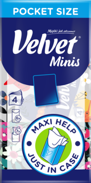 Velvet Minis chusteczki kieszonkowe, niebieskie opakowanie z kwiatami, widok z przodu, napis POCKET SIZE.