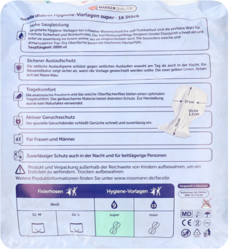 Tył opakowania Facelle Diskret super wkładki higieniczne z opisem cech, tabelą rozmiarów i symbolami.