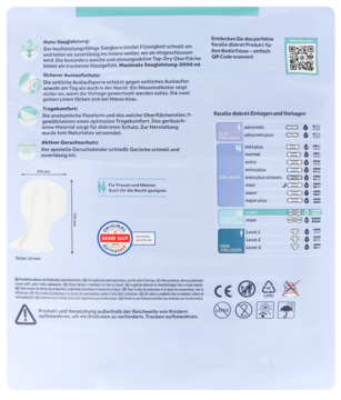 Tył opakowania Facelle Diskret, Super wkładki na nietrzymanie moczu, z ikonami, instrukcjami i QR kodem.