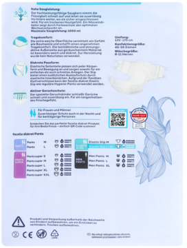 Pieluchomajtki elastyczne Super Plus L/XL, 1050ml. Tył opakowania z diagramami, cechami i tabelą rozmiarów.