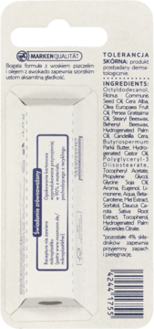 Tył opakowania balsamu do ust z awokado i woskiem, widoczne składniki, opis, barcode. Bez mikroplastiku.