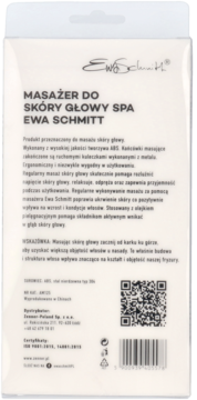Tył białego opakowania Masażera do skóry głowy SPA Ewa Schmitt z polskim tekstem i kodem QR.