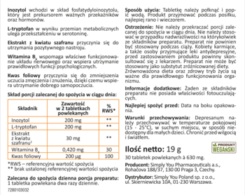 Etykieta suplementu z inozytolem, L-tryptofanem, szafranem, B6 i kwasem foliowym, szczegóły składu i użycia.