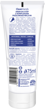 CleanHands Krem do stóp przeciwgrzybiczy 75ml, biała tubka, widok z tyłu z listą składników i opisem.
