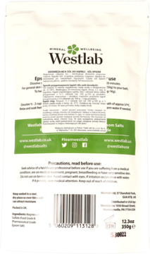 Tył białego opakowania soli do kąpieli Westlab Epsom Salt 350g, z polskimi instrukcjami użycia i kodem.