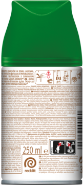 Tył zielonego wkładu do automatycznego odświeżacza Air Wick Freshmatic, z beżową etykietą i tekstem. Pojemność 250 ml.