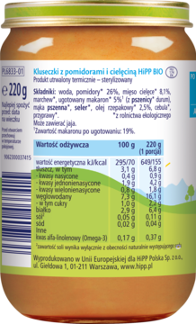 Tył słoiczka HiPP BIO Kluseczki z pomidorami i cielęciną, z zieloną etykietą i tabelą wartości odżywczych.