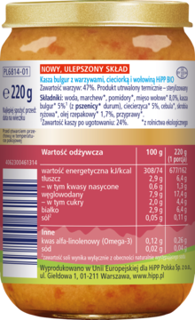 Tył słoiczka HiPP BIO z kaszą bulgur, cieciorką i wołowiną, widoczna biała etykieta z wartościami odżywczymi.