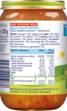 Tył słoiczka HiPP Rigatoni Napoli BIO. Etykieta z nowym składem, wartościami odżywczymi i listą składników.