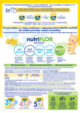 Bebiko Junior 3 waniliowe, pełna strona informacyjna z formułą NUTRIflor Expert, z grafikami i tekstem.