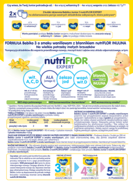 Plakat informacyjny Bebiko Junior 3 waniliowy NUTRIflor Expert, z tekstem o witaminach i składnikach.