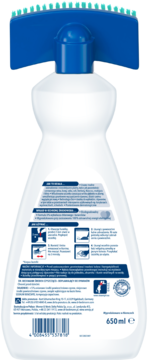 Tył butelki 650ml Dr. Beckmann do dywanów z aktywnym tlenem, z niebieską szczotką, instrukcje i kod kreskowy.