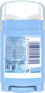 Tył jasnoniebieskiego antyperspirantu Secret w sztyfcie 40 ml, z etykietą zawierającą składniki i kod kreskowy.