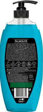 Tył niebieskiego żelu Palmolive Men Sport 3w1 z pompką, widoczna etykieta ze składem i kodem kreskowym.