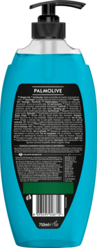 Tył niebieskiego żelu pod prysznic Palmolive Men Sport 3w1 z pompką, widoczne białe napisy i kod kreskowy.