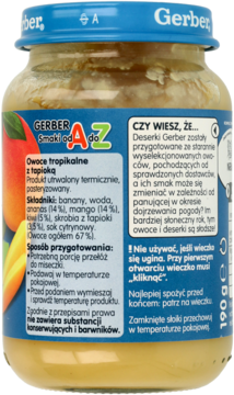 Gerber deserek owoce tropikalne z tapioką, tył szklanego słoiczka. Widoczne składniki, sposób użycia i info o produkcie.