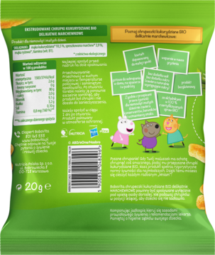 Zielony tył opakowania chrupaczków BoboVita Bio z Peppą Pig, szczegóły składu, bez glutenu i cukru.