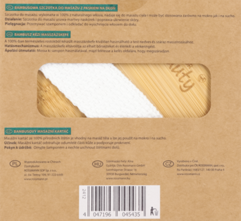 Tył opakowania bambusowej szczotki do masażu. Brązowy karton z tekstem, widoczny fragment rączki z napisem 'Beauty'.