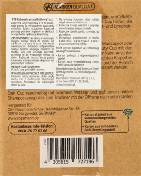 Tył kartonowego opakowania kubeczka antycellulitowego Rossmann, widoczny kod kreskowy i tekst po niemiecku.