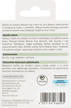 Tył opakowania kubeczka antycellulitowego Beauty Cup Rossmann z instrukcją, kodem kreskowym i logo VEGAN.