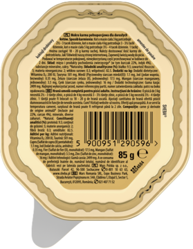Złota tacka karmy Sheba Classics Koktajl drobiowy 85g, tył z kodem kreskowym i etykietą składu.