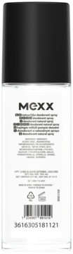 Tył białego dezodorantu MEXX Black w sprayu. Widoczne czarne wieczko, lista składników, dane producenta i kod kreskowy.