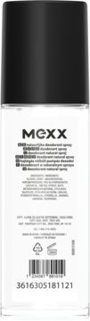 Tył białego dezodorantu w sprayu Mexx z czarną nakrętką, widoczne informacje o produkcie i kod kreskowy.