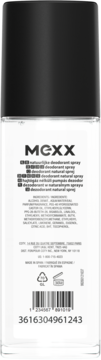 Tylna strona dezodorantu MEXX Black natural spray, przezroczysta butelka, czarna nakrętka, widoczny kod kreskowy.