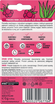 Tył opakowania pomadki nawilżającej Aloe Vera - Malina, z ilustracjami malin i aloesu, widoczny kod EAN.