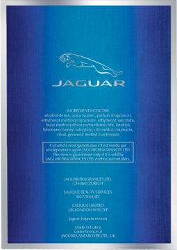 Tył granatowo-srebrnego opakowania perfum Jaguar z logo, listą składników i informacjami o zapachu.