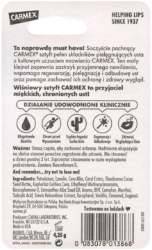 Tył opakowania balsamu Carmex w sztyfcie. Białe tło, składniki i cechy produktu po polsku, widoczny kod kreskowy.