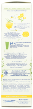 Boczny panel Kremu z Cold Cream, biały z grafikami, tekstem o 97% naturalnych składnikach i certyfikatem B-Corp.