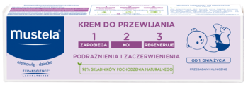 Mustela Krem do przewijania 123, jasnofioletowe opakowanie z logo, przodem, dla podrażnień, od 1. dnia życia.