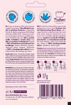 Tył różowej maski Pusheen w płachcie, z wegańskim składem i instrukcjami, 100% biodegradowalna.