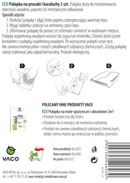 Tył białego opakowania ECO Pułapki na prusaki i karaluchy z instrukcją użycia, grafikami i danymi producenta.