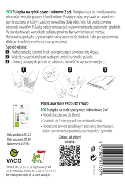 Tył opakowania VACO pułapki na rybiki, z ilustrowaną instrukcją montażu, kodem QR, logo i datami produkcji.