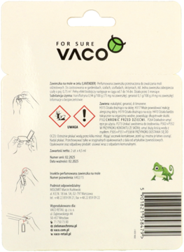 Tył beżowego opakowania VACO zawieszki na mole w żelu lawendowym, z instrukcjami i symbolami ostrzegawczymi.